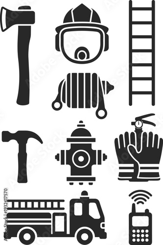 Black firefighter equipment icon set including helmet, axe, ladder, hose, hydrant, gloves, truck and radio, emergency rescue service symbols isolated on white
