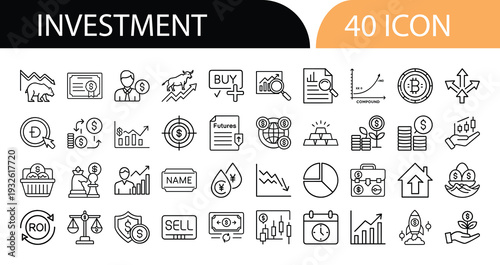 Investment icons collection featuring financial symbols and graphs
