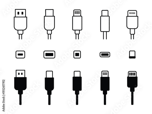 USB port types vector illustration, standard type A, type C, mini and micro adapters, computer and device connectors, cable symbols flat design.