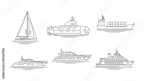 Sea Vessels Collection: A minimalist collection of sea vessels in elegant line art, showcasing a yacht, submarine, cargo ship, motor yacht, and cruise ship. 