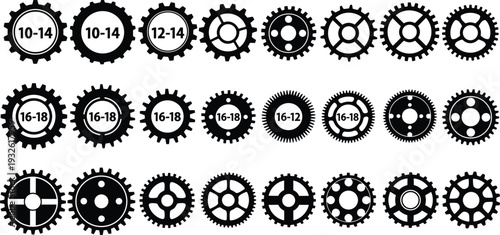 Black gear and cogwheel icon set with different mechanical shapes and tooth counts, minimal flat vector silhouettes isolated on white background for industrial design