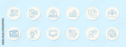 Media communication set icon. Minimal line badges, ads page, ads phone, settings media, growth graph, phone call, email, news, microphone, monitor, review form, user chat
