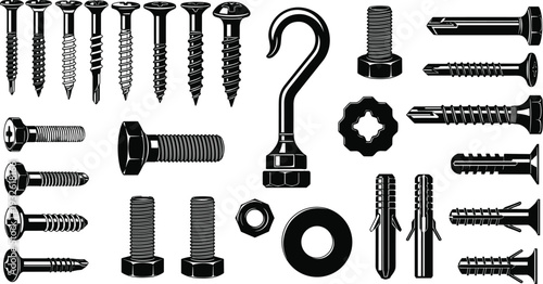 Black hardware fasteners set illustration showing screws bolts nuts washers hooks anchors isolated on white background for construction industrial repair and DIY design projects