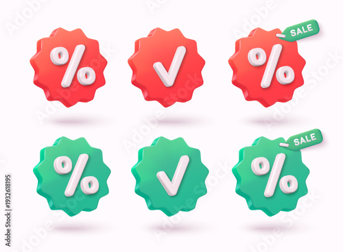 3D discount badge icons with percent sign, check mark and sale tag in red and green colors isolated on light background.