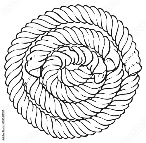 Circular coiled rope line art illustration, nautical cord design element