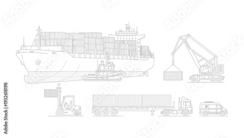 Global Logistics Blueprint: A detailed sketch presents a comprehensive view of global trade and transportation. The image highlights the key elements of the shipping industry.