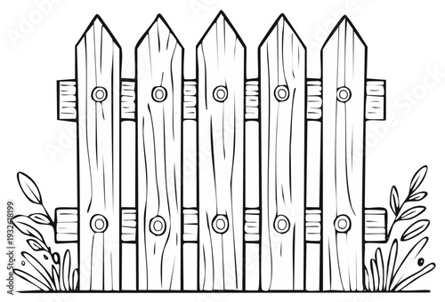 Cartoon wooden picket fence with foliage border