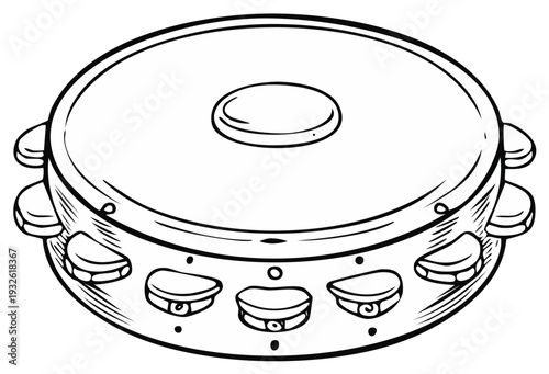 Black and White Outline Illustration of a Tambourine Musical Instrument with Jingles