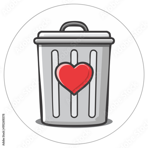 Grey trash can with a red heart on the front symbolizing discarded love or emotional waste