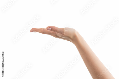 Fotografie Young woman hand hold something with flat palm isolated on white