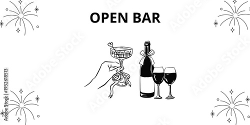Open Bar Wedding Sign with Hand Holding Champagne Coupe Wine Bottle with Bow and Fireworks
