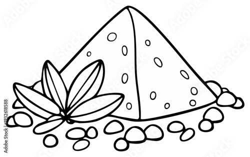 A drawing of a pile of rice with scattered grains and a sprig of mint leaves