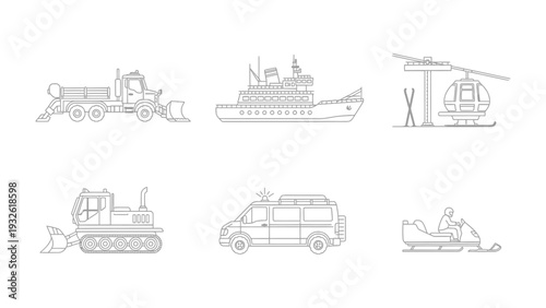Transport Collection: A detailed illustration showcasing a fleet of diverse vehicles designed for various purposes. 