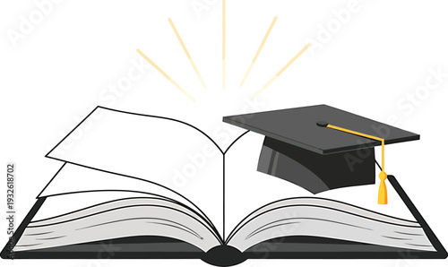 Graduation cap resting on an open book with light rays emanating from the top.