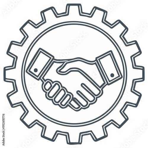 Handshake in Gear Outline, Partnership, Teamwork Symbol, Agreement icon