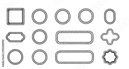 A collection of various rope border shapes and frames in a minimalist line art style