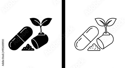 A vector graphic illustration of two capsules with a plant growing out of them in black and white