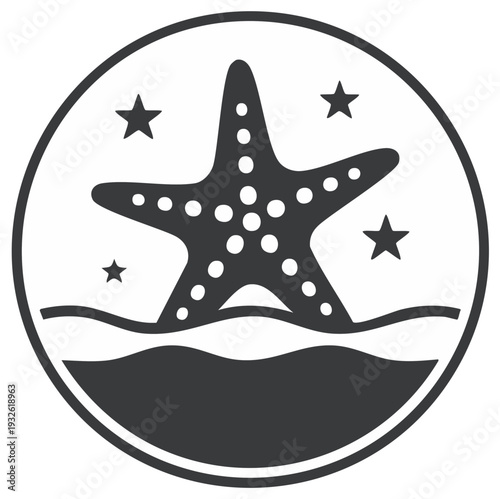 Stylized marine starfish in ocean waves with stars, black and white vector icon
