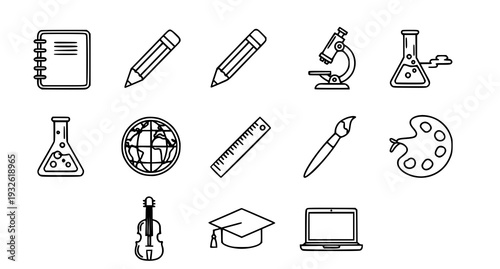 A set of educational icons in a minimal line art style