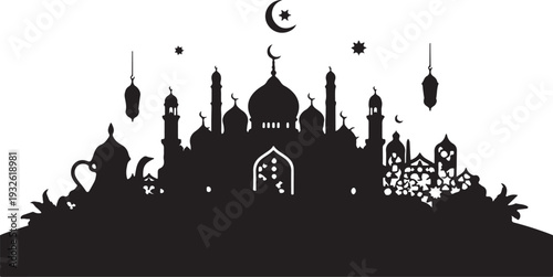 Elegant Ramadan mosque silhouette with lanterns and crescent moon