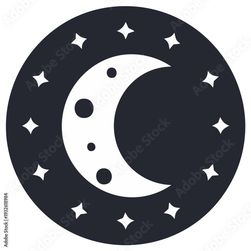 Crescent moon with craters and stars in a circle simple flat vector icon of the night sky