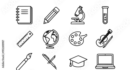 A set of educational icons in a minimalist line art style