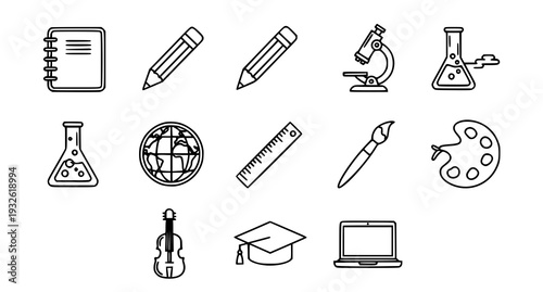 A set of educational icons including school supplies and learning tools