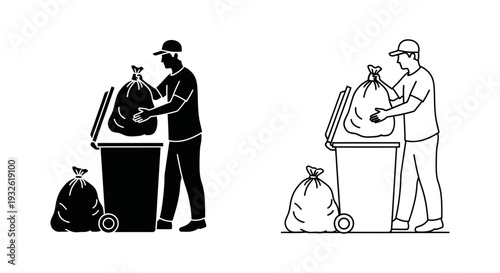 A minimalist vector illustration of two sanitation workers disposing of trash in a clean and organized manner