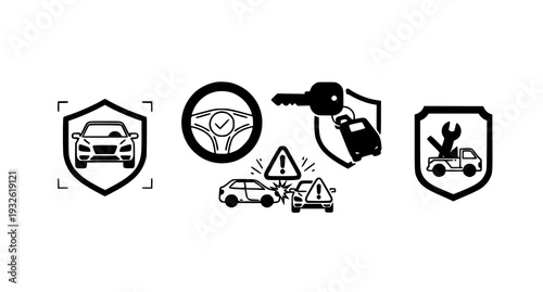 A set of car safety and protection icons in a flat design style
