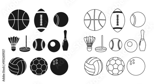 A collection of sports icons and equipment in a minimalist vector graphic design