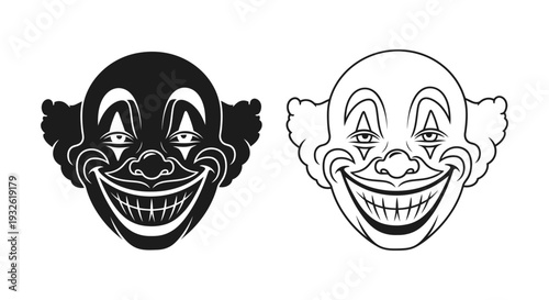 A vector graphic illustration of two creepy clown faces in black and white