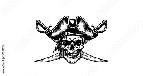 A black and white illustration of a pirate skull with crossed swords