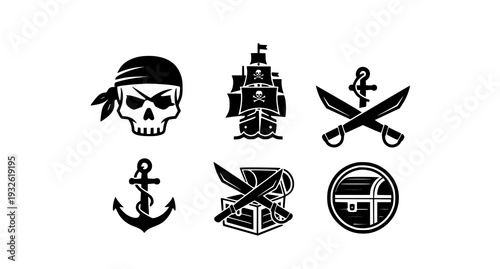 A set of six black pirate icons on a white background