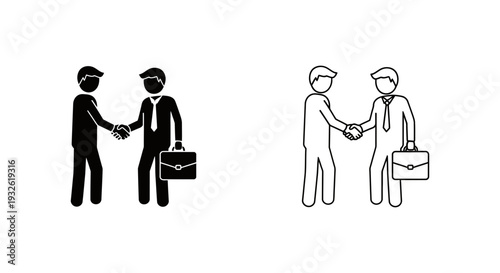 A minimalist vector graphic illustration of two businessmen shaking hands in black and white