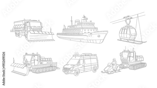 Transportation Symphony: An assortment of vehicles, including snowplow trucks, a cruise ship, cable car, snow grooming machine, transport van, and a bulldozer, artfully depicted. 