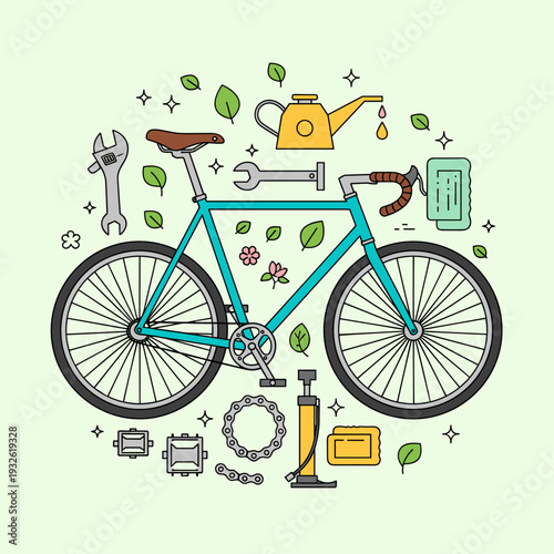 Flat Vector Bicycle Spring Tune Up Maintenance Illustration