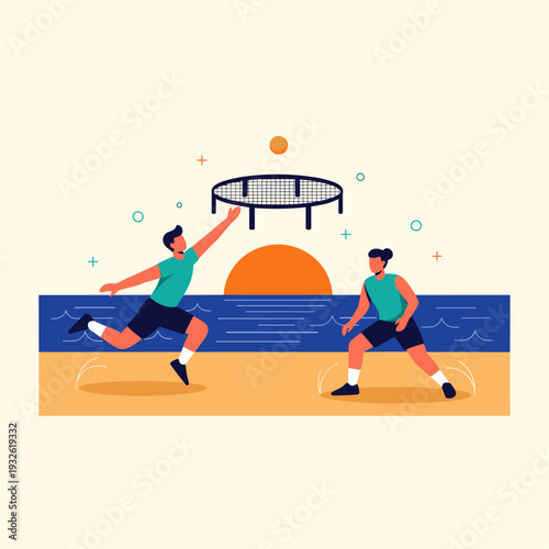 Flat Vector Illustration Of A Sunset Beach Roundnet Game