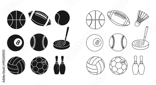 A collection of sports icons and equipment in a minimalist vector graphic design