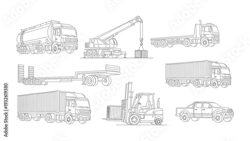 Industrial Lineup: An intricate illustration featuring an array of heavy-duty vehicles, each poised for its specific role in industry and transport.