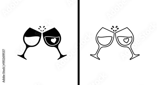 A minimalist vector graphic illustration of two wine glasses clinking together in a celebratory toast