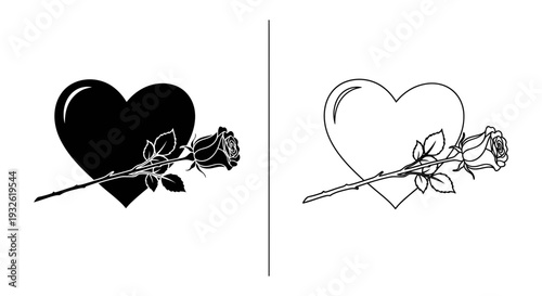 A minimalist vector graphic illustration of a heart pierced by a rose in two styles