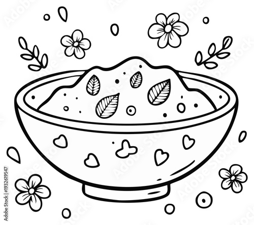 Hand drawn doodle of a bowl overflowing with healthy food and decorated with flowers and leaves