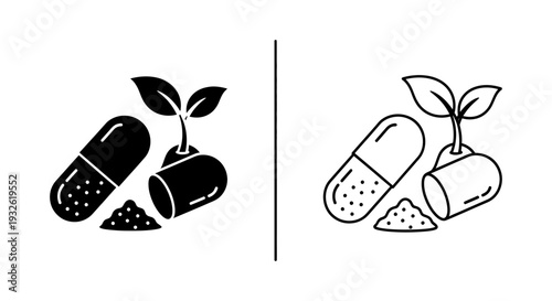 A minimalist vector graphic illustration of pills and a plant growing from them in black and white