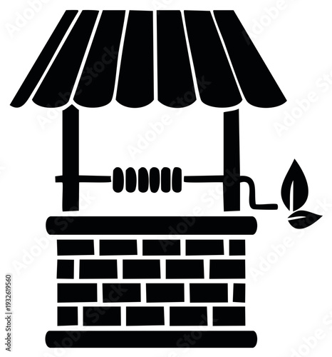 Rustic Water Well with Leaf Detail in Black Silhouette Illustration