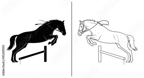 A vector graphic illustration of two horses jumping over hurdles in black and white