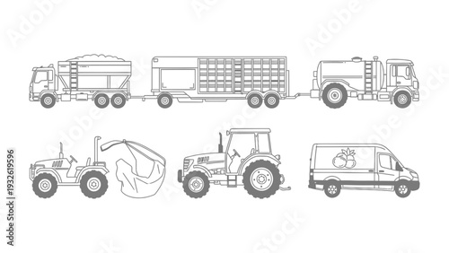 Agricultural Machinery Lineup: A comprehensive illustration of various agricultural vehicles, offering a glimpse into the tools and machinery crucial to modern farming practices.