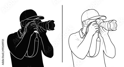 A minimalist vector graphic illustration of two people looking through binoculars in black and white