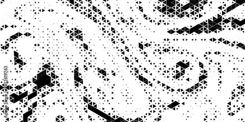 Fading triangle halftone texture gradient pattern. Abstract diagonal geometric background. Tech mosaic triangular halfton gradation. Vector vanishing corner arrow wallpaper for banner, booklet, poster