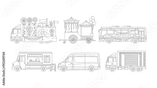 Vehicular Variety: A collection of meticulously detailed line drawings showcases a diverse array of vehicles, including a decorative truck, ornate wagon, bus, food truck, van, and cargo truck.