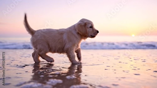 Adorable Golden Retriever Puppy Exploring a Beach During a Beautiful Sunset